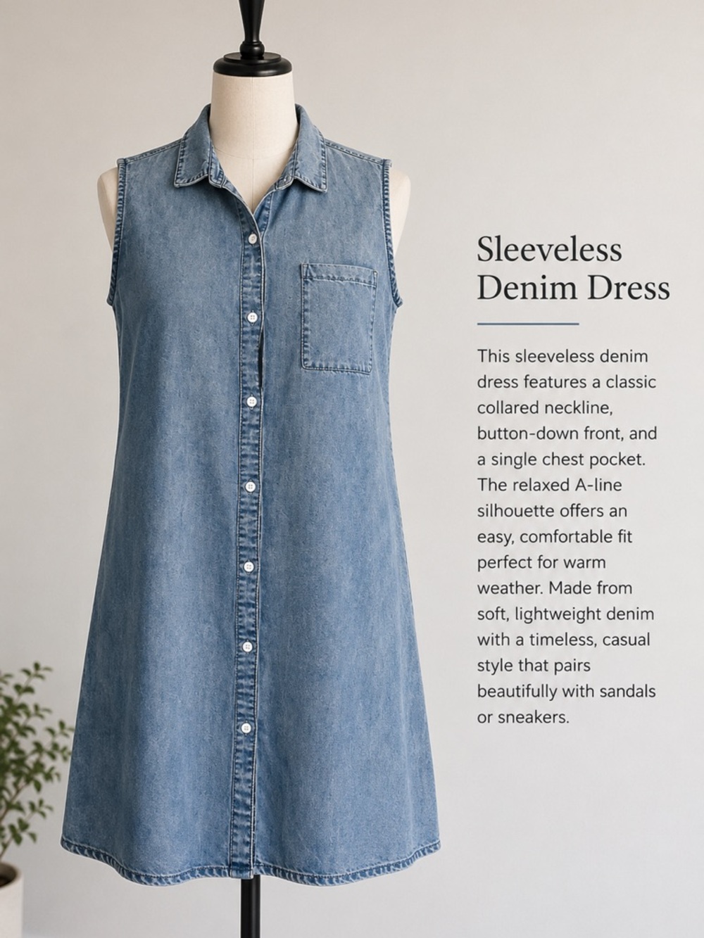 Sleeveless Light Blue Denim Shirt Dress